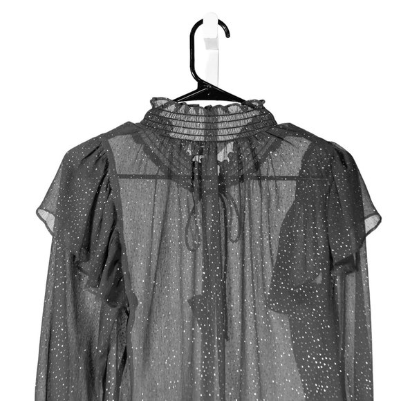 Zara Women's Blouse Gray Sparkle Button Ruffle Neck Tie Sheer Long Sleeve Top XS - Picture 8 of 10